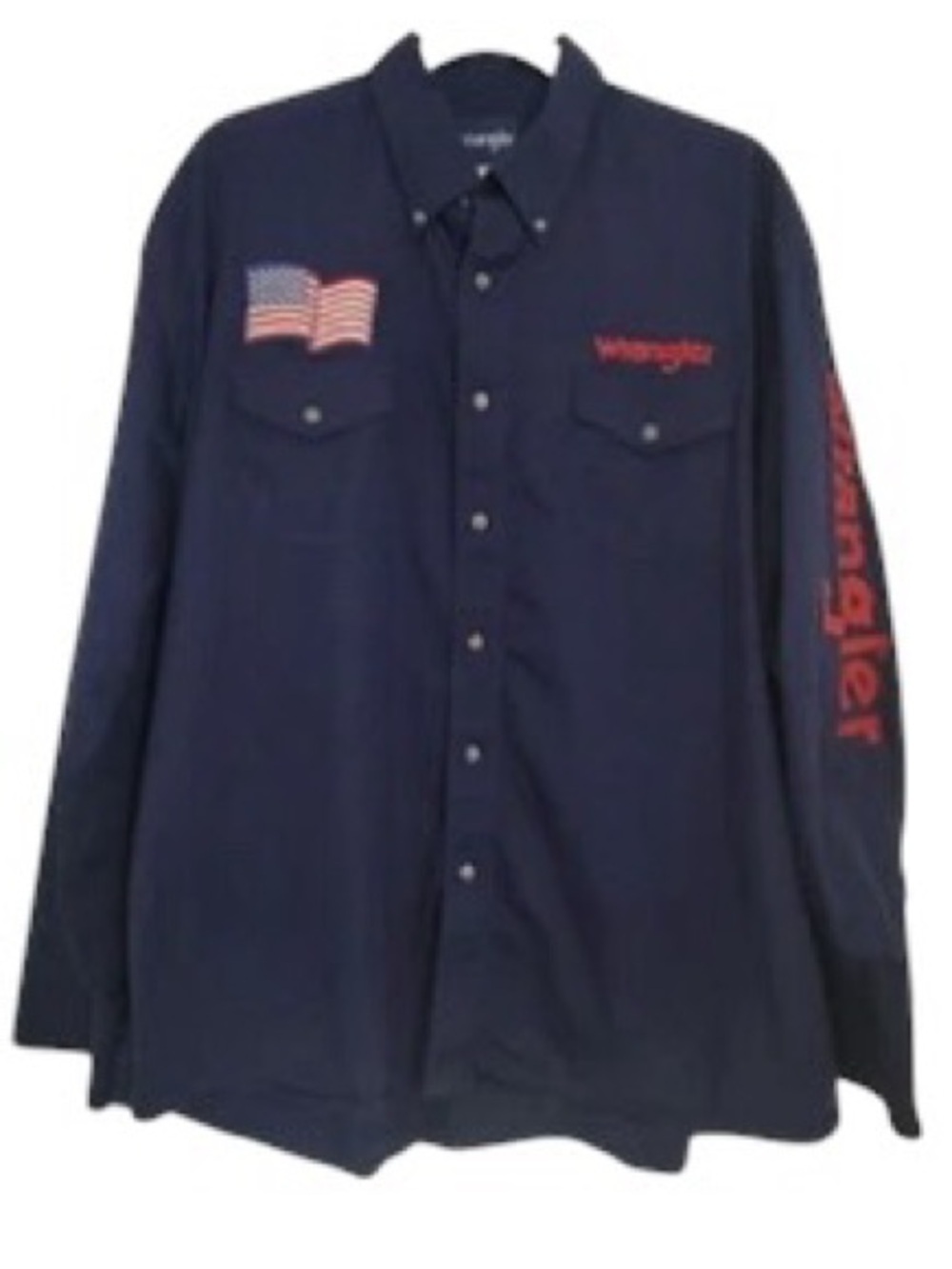 Vintage Wrangler Navy Button-Up Work Shirt American Flag Western Wear Cowboy